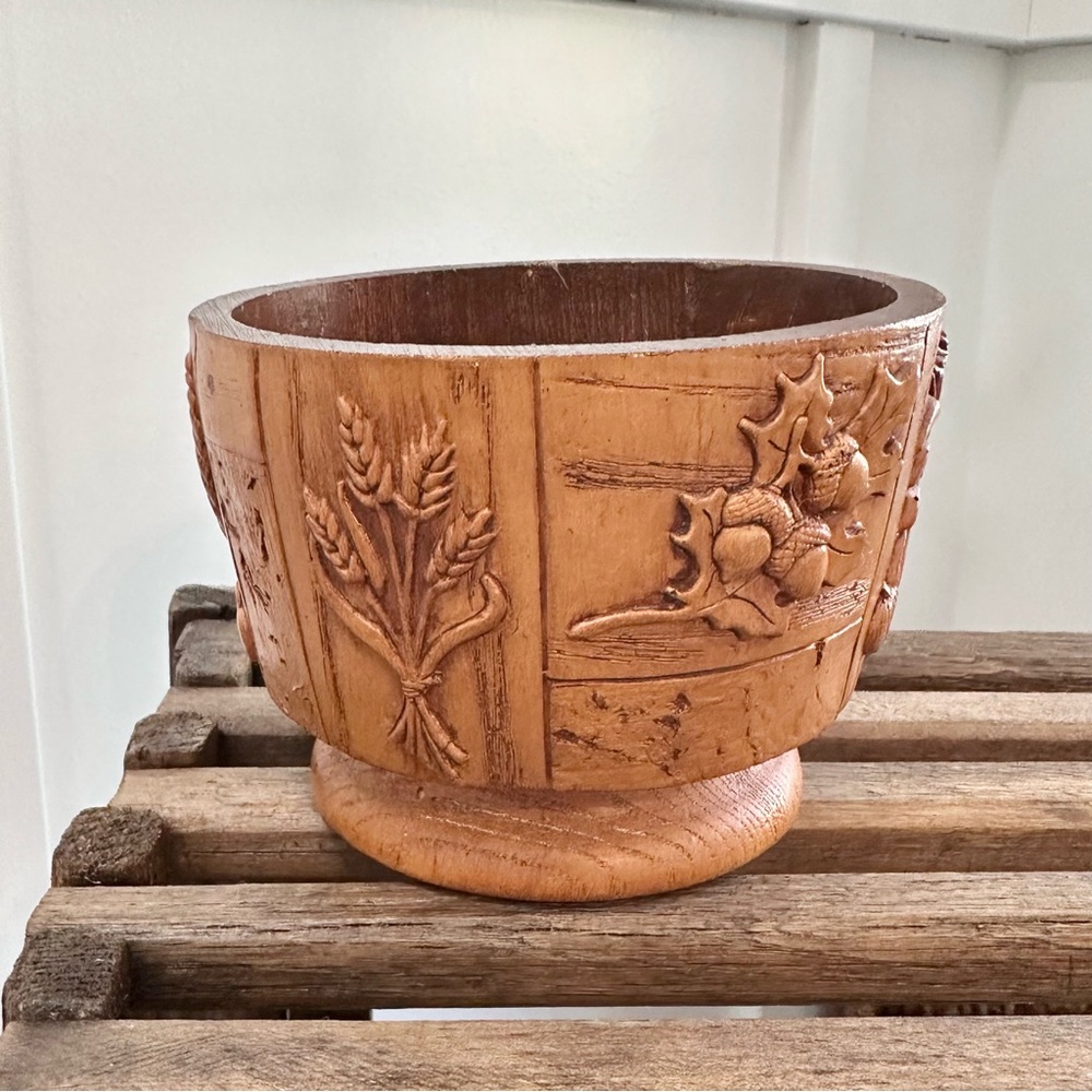 Carved Wooden Planter MCM Bowl pinecone corn pumpkin acorn wheat cornucopia